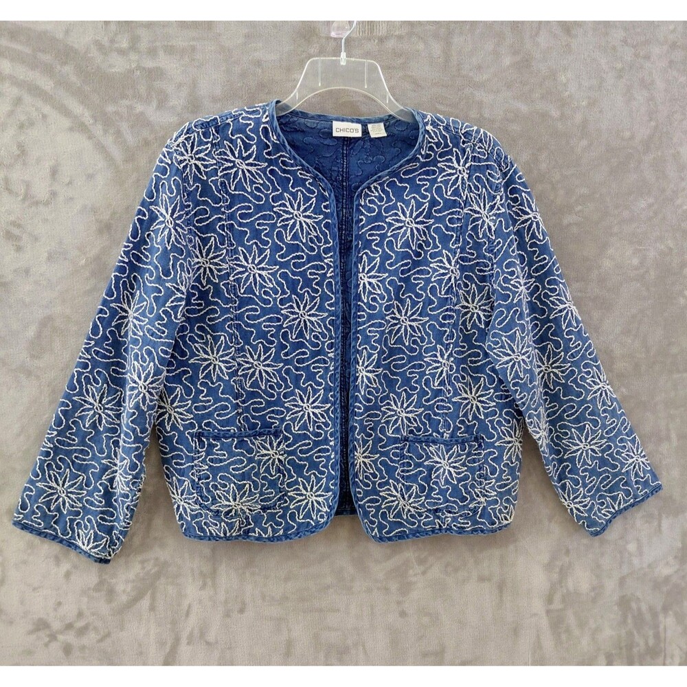 Chicos 100% Linen Soutache Detailed Open Jacket Women's Size 3 Blue Coastal